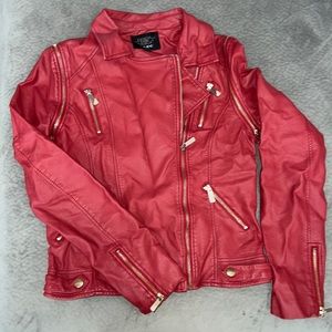 Red Zippered Fake leather jacket.